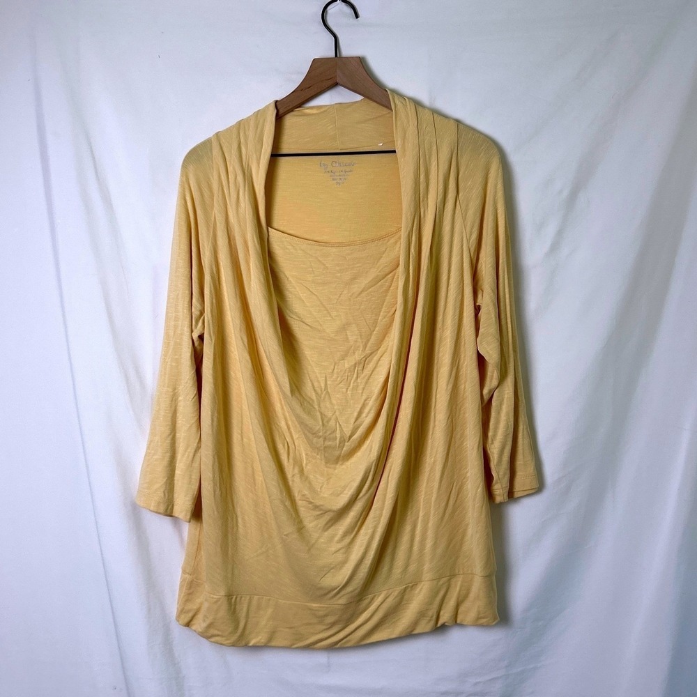 Chico's Womens Drape Neck 3/4 Sleeve Layered Look Top Size 2/L Yellow Casual